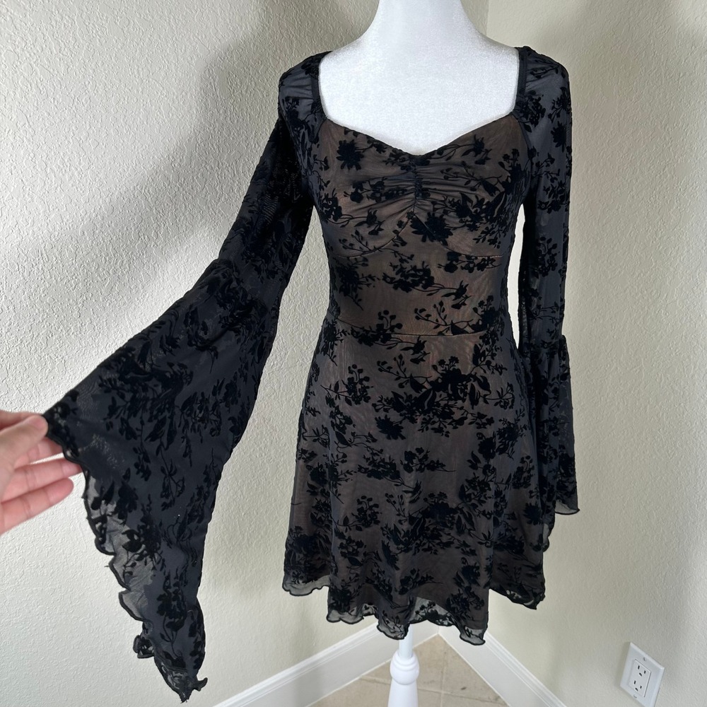 SHEIN Mini Dress Women Small Black Floral Burnout‎ Velvet Bell Sleeve Whimsigoth